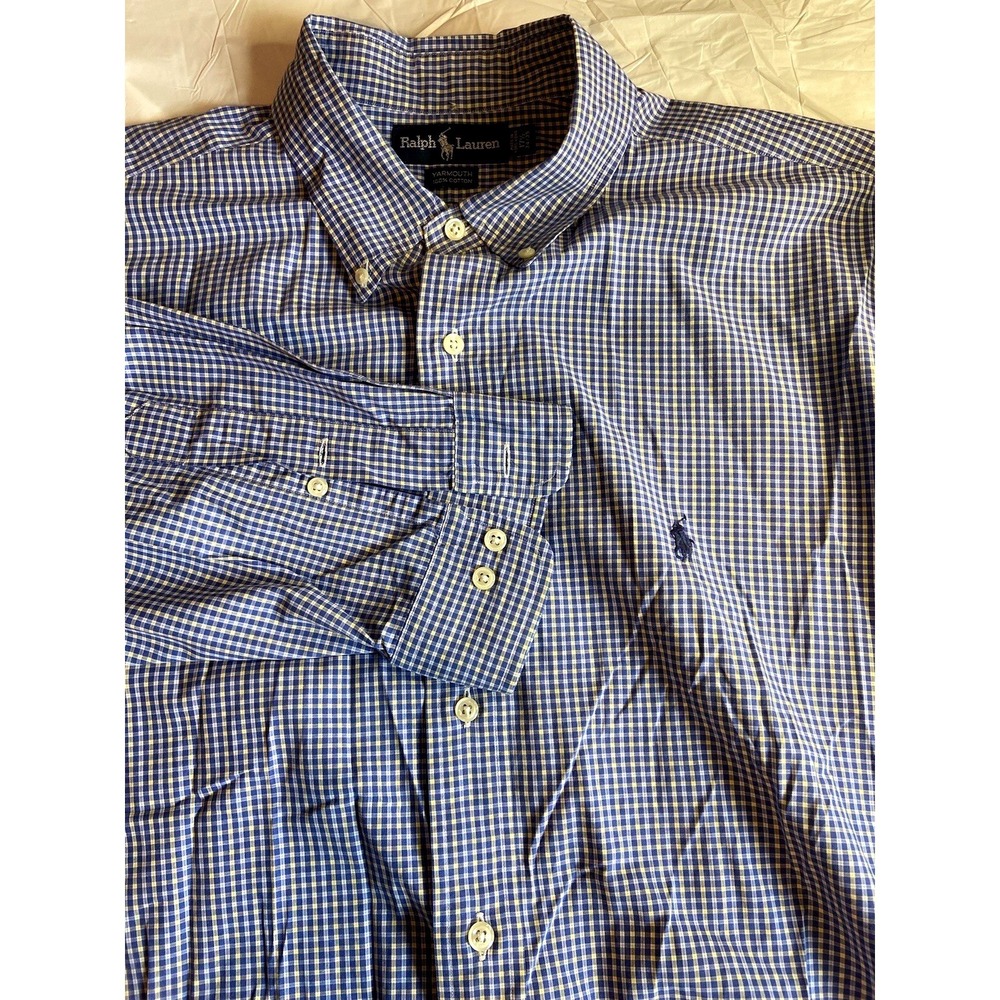 Ralph Lauren Yarmouth Gingham Check Button Down Shirt Blue Yellow 17.5 34/35